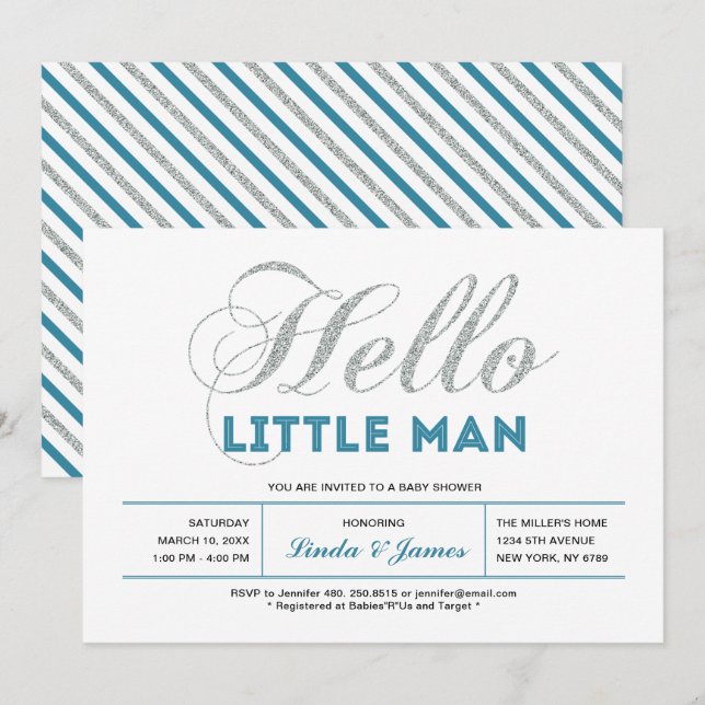 Silver, Teal | Modern Typography Boy Baby Shower Invitation (Front/Back)