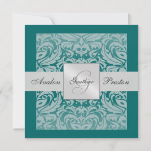 Silver & Teal Monogram Damask Border Invitation