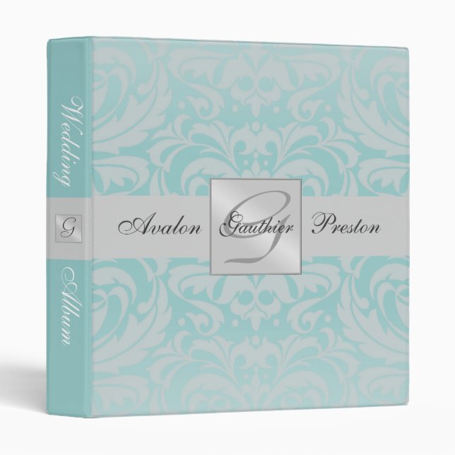 Silver & Teal Monogram Damask Wedding Album Binder (Front/Spine)