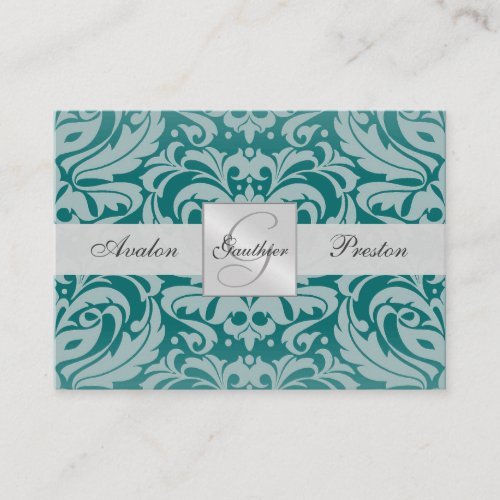 Silver &amp; Teal Monogram Damask Wedding RSVP Card Business Card Template