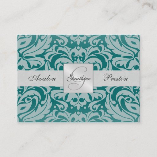 Customizable Silver &amp; Teal Monogram Damask Wedding RSVP Card Business Card Template