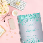 Silver teal name script 2025 planner<br><div class="desc">A faux silver looking background decorated with teal,  sea green faux sparkles. Personalize and add your name.  The name is written with a modern hand lettered style script with swashes. 
To keep the swashes only delete the sample name,  leave the spaces or emoji's in front and after the name.</div>