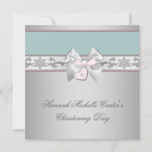 Silver Teal Pink Girls Christening Custom Announcement