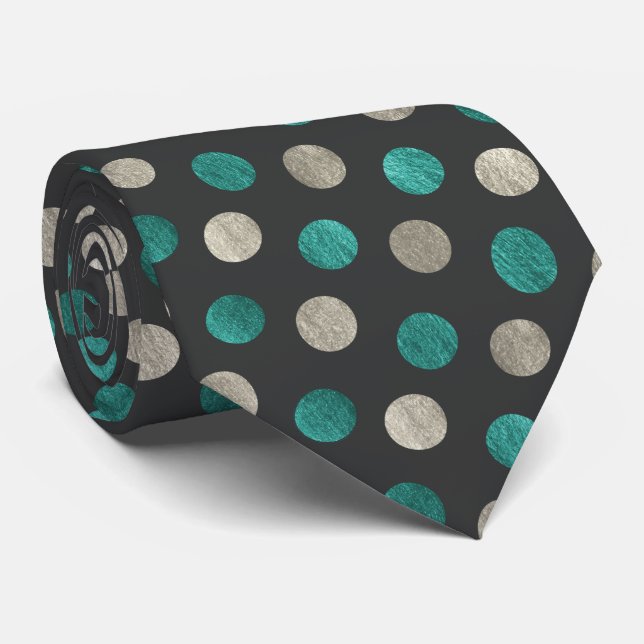 Silver & Teal Polka Dot Personalized Charcoal Grey Neck Tie (Rolled)