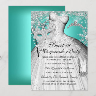 Silver Teal Princess Masquerade Sweet 16 Invite