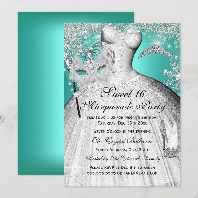 Silver Teal Princess Masquerade Sweet 16 Invite (Front/Back)