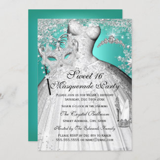 Silver Teal Princess Masquerade Sweet 16 Invite