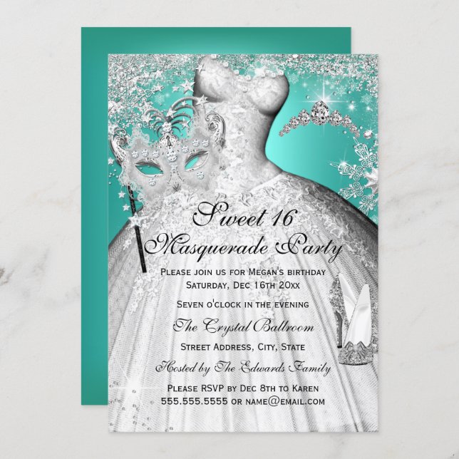 Silver Teal Princess Masquerade Sweet 16 Invite (Front/Back)