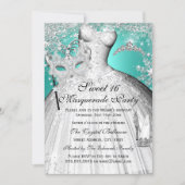 Silver Teal Princess Masquerade Sweet 16 Invite (Front)