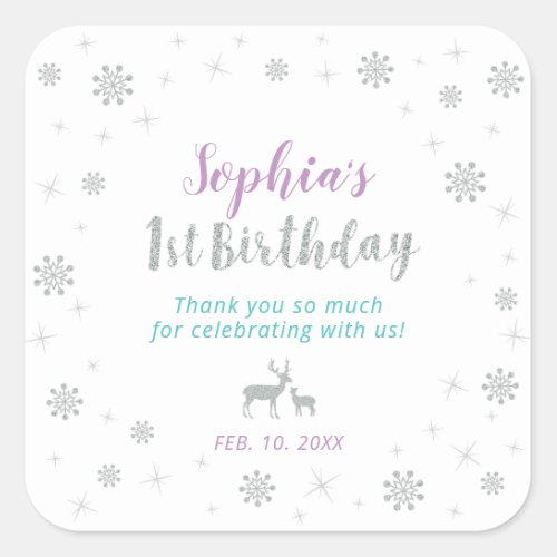 Silver Teal  Purple Winter 1st Birthday Square Sticker