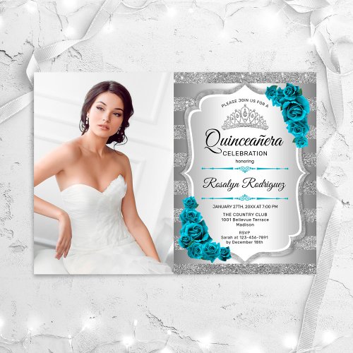 Silver Teal Quinceanera Party With Photo Invitation