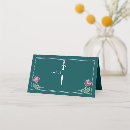 Silver Teal Royal Floral Sword Wedding Place Card