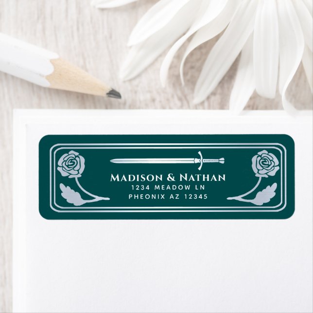 Silver Teal Royal Medieval Fantasy Sword Wedding Label (Insitu)