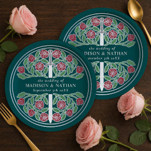 Silver Teal Royal Medieval Floral Sword Wedding  Paper Plates