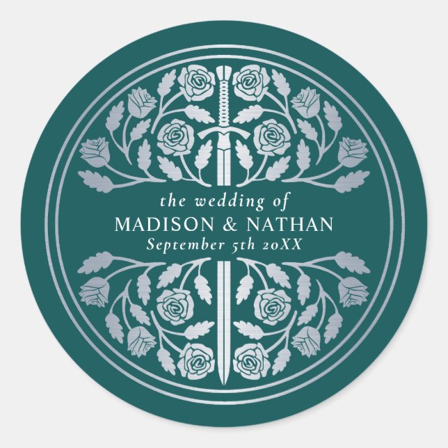 Silver Teal Royal Medieval Sword Wedding  Classic Round Sticker (Front)