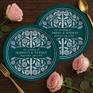 Silver Teal Royal Medieval Sword Wedding  Paper Plates