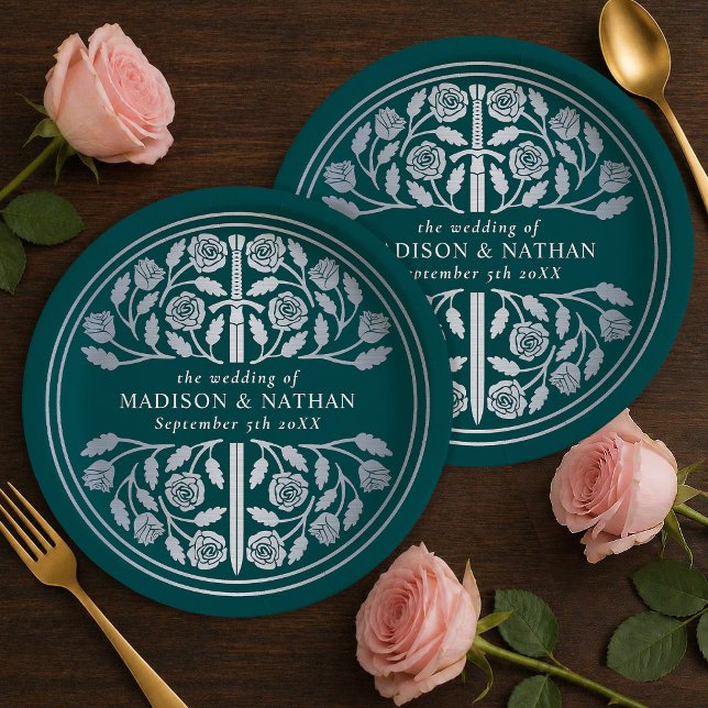 Silver Teal Royal Medieval Sword Wedding  Paper Plates (Creator Uploaded)