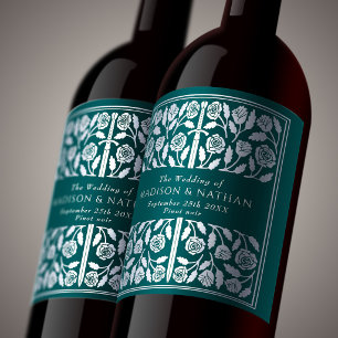 Silver Teal Royal Medieval Sword Wedding Wine Label