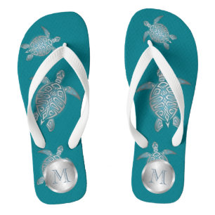 Silver Teal Sea Turtle Coastal Monogram Flip Flops