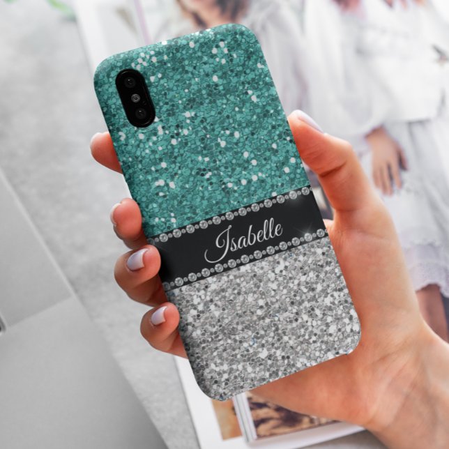 Silver Teal Sparkle Glam Bling Personalized Case-Mate iPhone Case (Creator Uploaded)