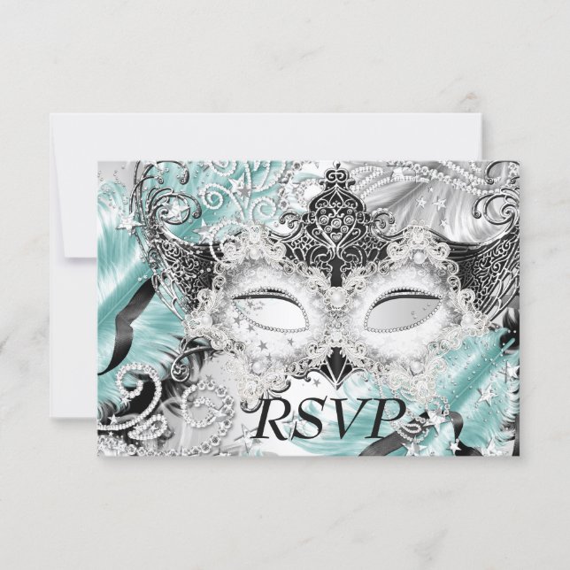Silver Teal Sparkle Mask Masquerade Party RSVP (Front)
