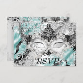 Silver Teal Sparkle Mask Masquerade Party RSVP (Front/Back)