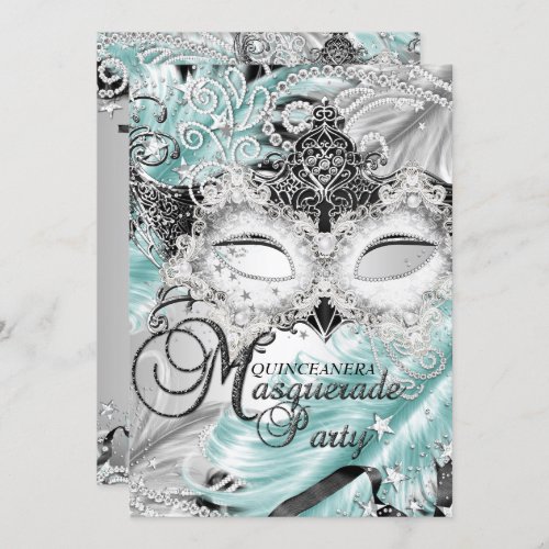 Silver Teal Sparkle Mask Masquerade Quinceanera Invitation