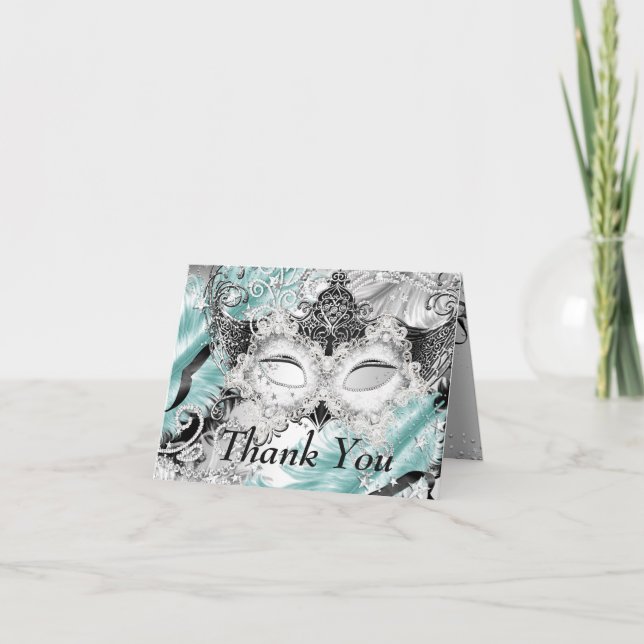 Silver Teal Sparkle Mask Masquerade Thank You Card (Front)