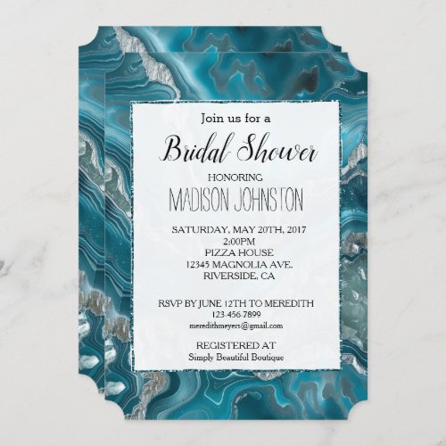 Silver Teal Turquoise Crystal Blue Bridal Shower Invitation