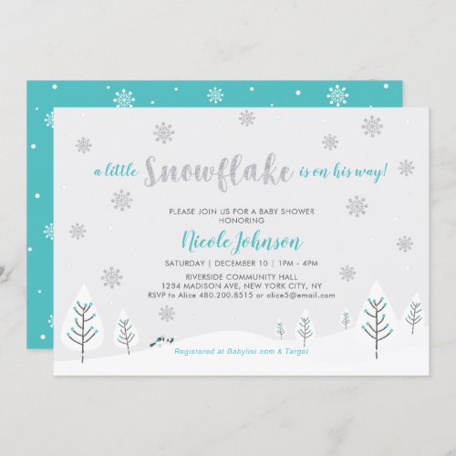 Silver  Teal Winter Wonderland Boy Baby Shower Invitation