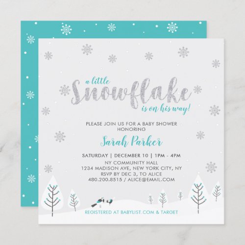 Silver  Teal Winter Wonderland Boy Baby Shower Invitation