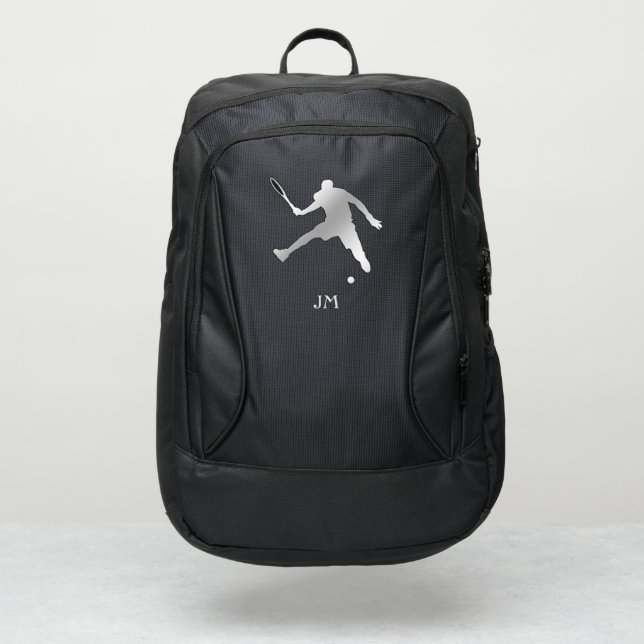 Silver Tennis Player Silhouette Monogram Port Authority® Backpack (Front)