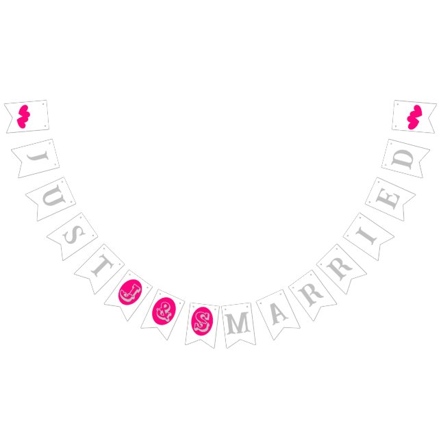 Silver text and initials, magenta hearts on white bunting flags (All)