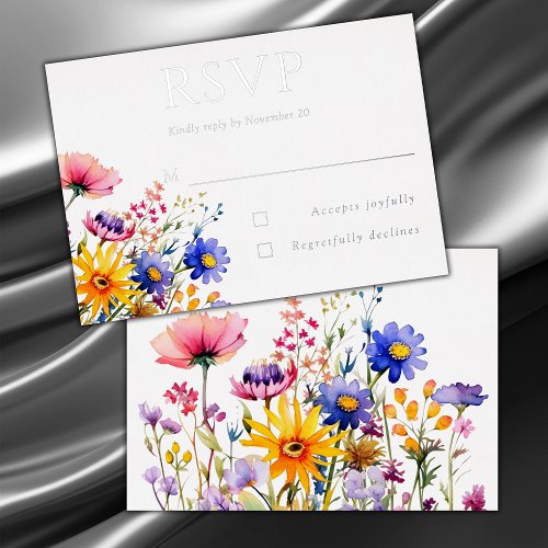 Silver Text Country Wildflower Wedding RSVP Foil Invitation