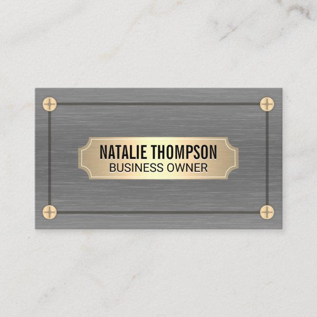 Silver Texture Metallic | Gold Screws and Plate Business Card (Front)