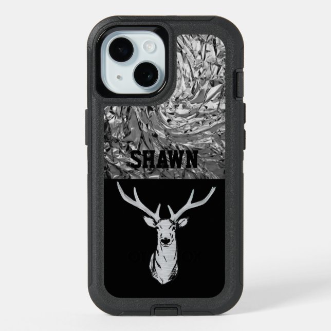 Silver Textured Stag Deer Hunting  iPhone 15 Case (Back)