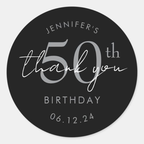 Silver "Thank You" 50th Birthday Party Black Classic Round Sticker