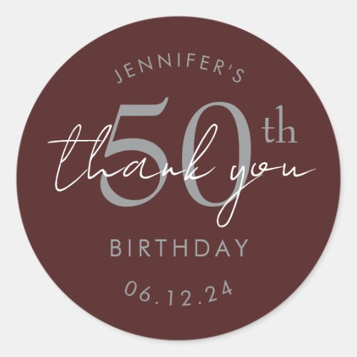 Silver "Thank You" 50th Birthday Party Burgundy Classic Round Sticker