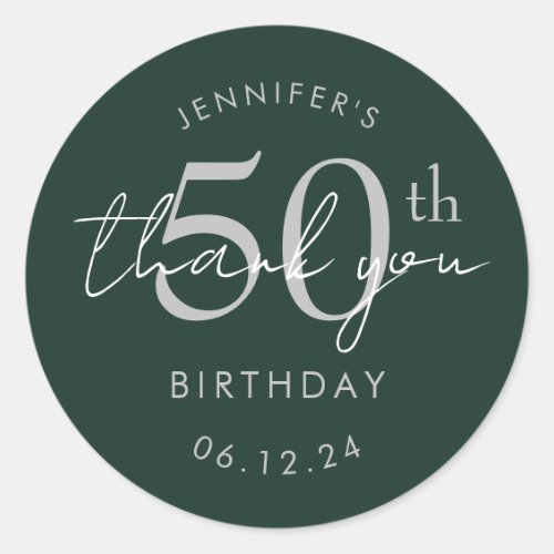 Silver "Thank You" 50th Birthday Party Green Classic Round Sticker