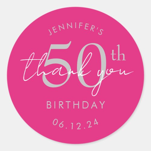 Silver "Thank You" 50th Birthday Party Hot Pink Classic Round Sticker