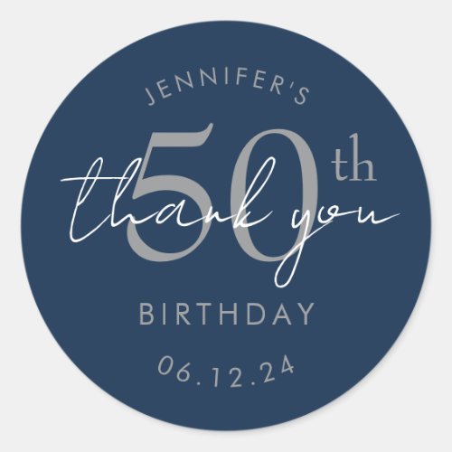 Silver "Thank You" 50th Birthday Party Navy Blue Classic Round Sticker