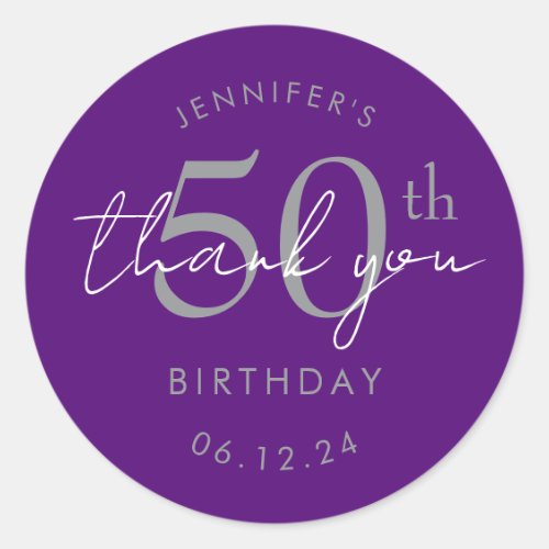 Silver "Thank You" 50th Birthday Party Purple Classic Round Sticker