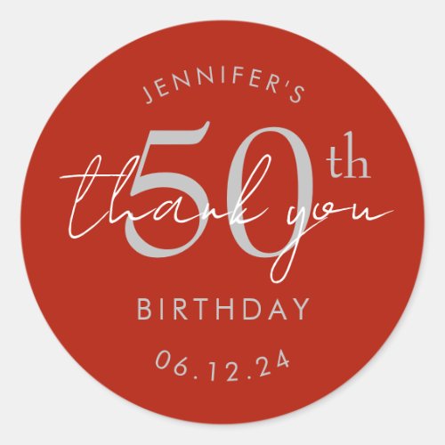 Silver "Thank You" 50th Birthday Party Red Classic Round Sticker