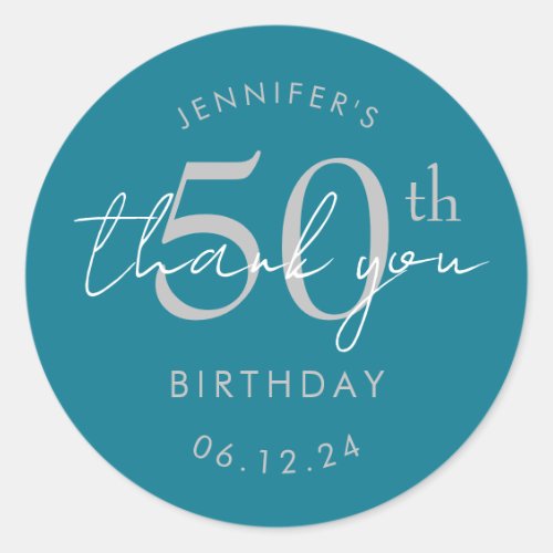 Silver "Thank You" 50th Birthday Party Turquoise Classic Round Sticker