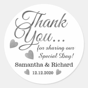 Silver Thank You Wedding Favor Classic Round Sticker