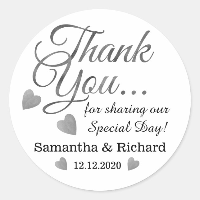 Silver Thank You Wedding Favor Classic Round Sticker (Front)