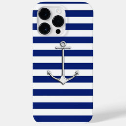 Silver Thin Anchor on Nautical Stripes Case-Mate iPhone 14 Pro Max Case