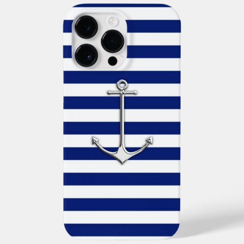 Silver Thin Anchor on Nautical Stripes Case_Mate iPhone 14 Pro Max Case