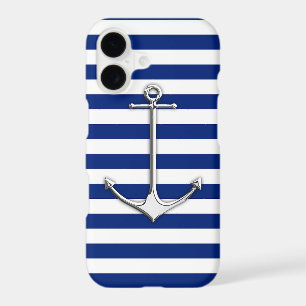Silver Thin Anchor on Nautical Stripes iPhone 17 Case