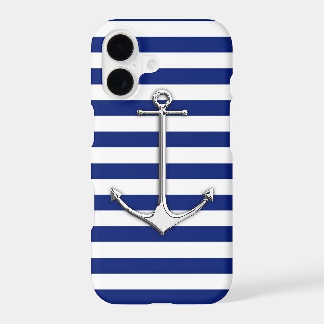 Silver Thin Anchor on Nautical Stripes Case-Mate iPhone Case (Back)